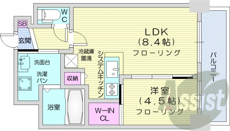 1LDK、洗髪洗面化粧台、シャワートイレ、エアコン