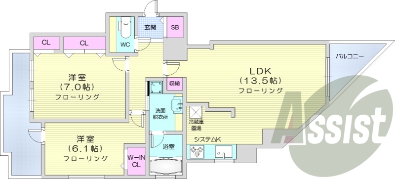 2LDK、都市ガス、エアコン、分譲、追い焚き、浴室乾燥機