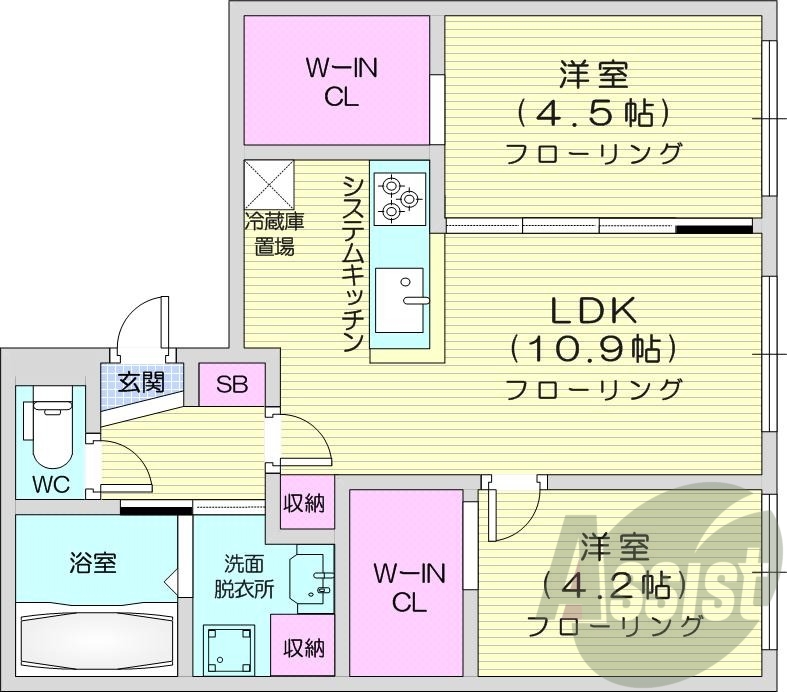 2LDK、都市ガス、エアコン、浴室乾燥機、独立洗面台