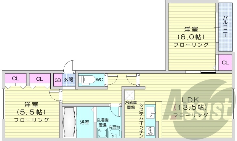 2LDK、エアコン、トランクルーム、バルコニー