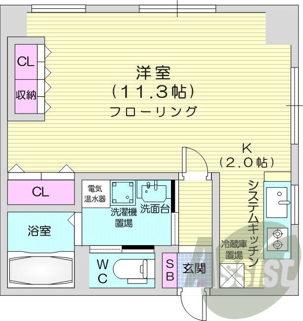 1K、収納、IHシステムキッチン、独立洗面台、暖房