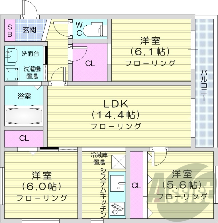 3LDK、システムキッチン、追い焚き、エアコン、オートロック