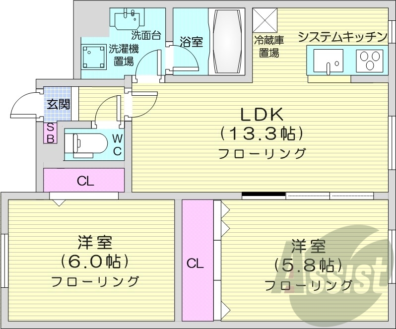 2LDK、オール電化、オートロック、バストイレ別