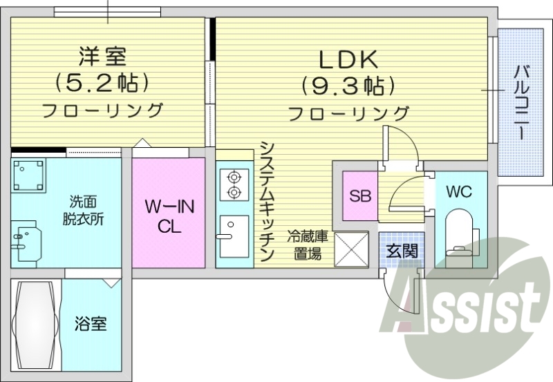 1LDK、システムキッチン、洗髪洗面化粧台、灯油暖房