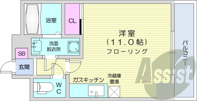 1R、エアコン、独立洗面台、バストイレ別