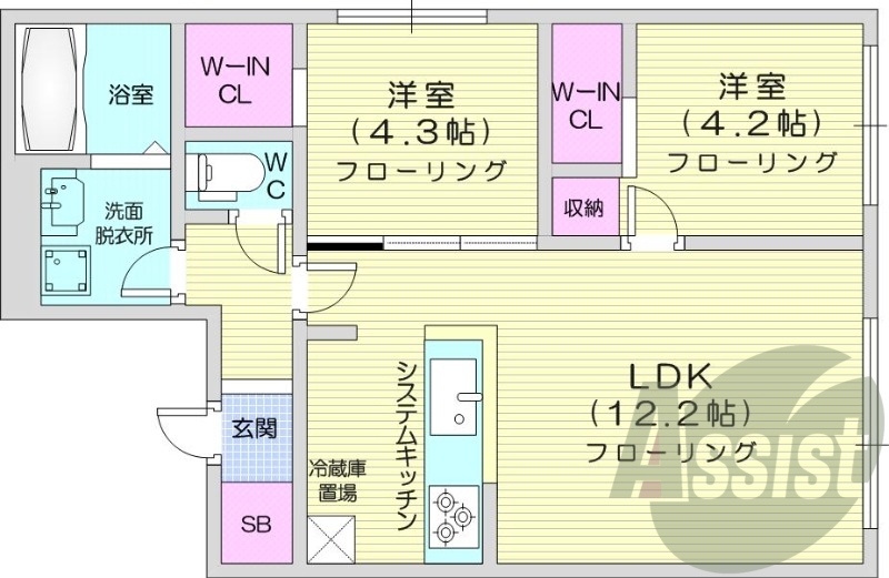 2LDK、都市ガス、エアコン、浴室乾燥機、独立洗面台