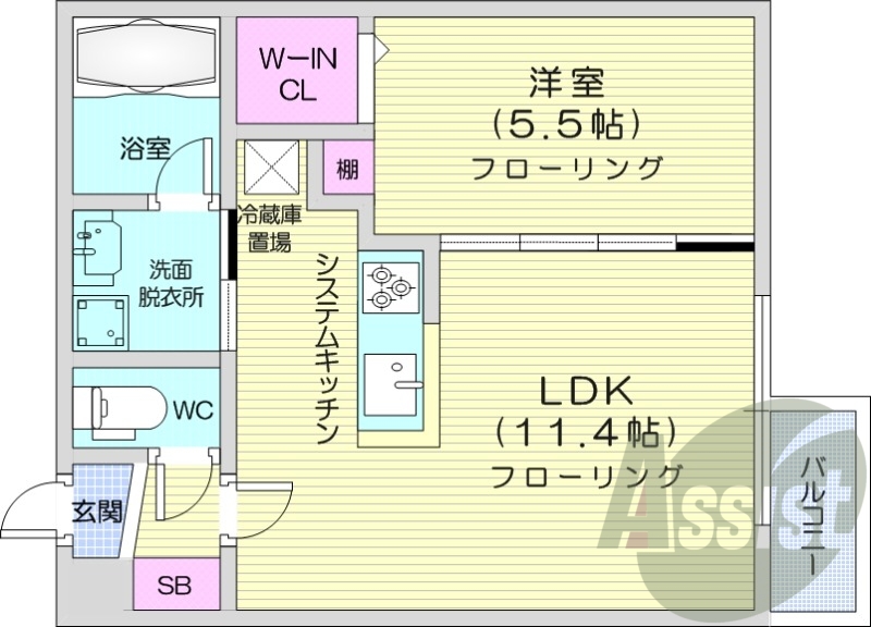 1LDK、都市ガス、エアコン、システムキッチン