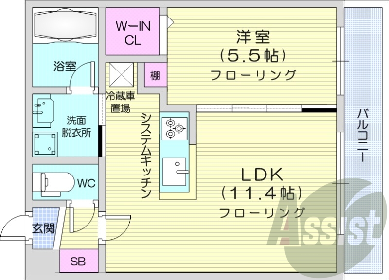 1LDK、都市ガス、エアコン、システムキッチン