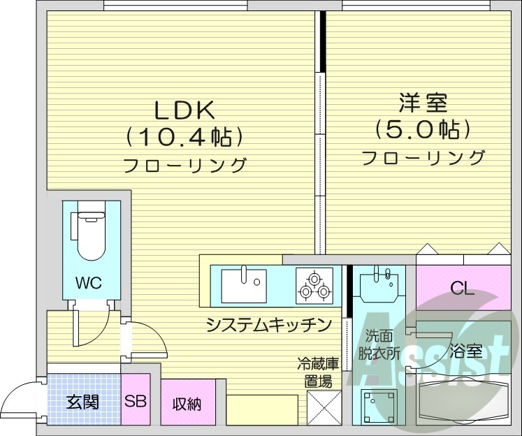 1LDK、都市ガス、エアコン、システムキッチン