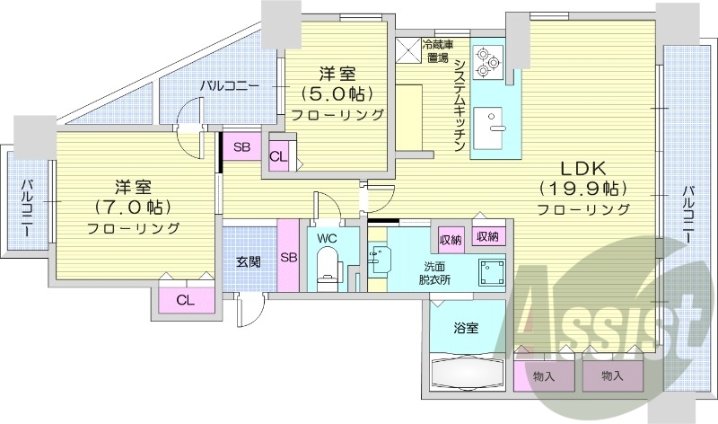 2LDK、都市ガス、エアコン、システムキッチン、浴室乾燥機