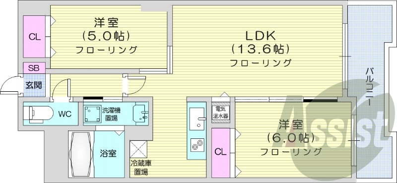 2LDK、追炊き、宅配ボックス、トランクルーム、