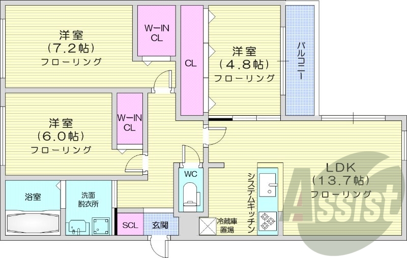 3LDK、エアコン、システムキッチン、ネット無料