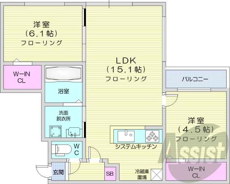 2LDK、エアコン、システムキッチン、ネット無料