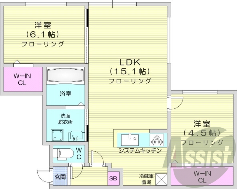 2LDK、エアコン、システムキッチン、ネット無料