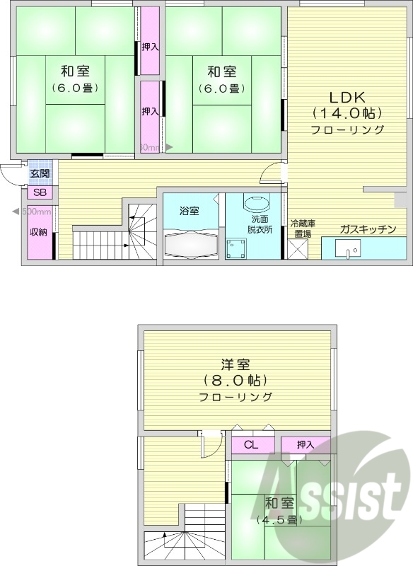 4LDK、独立洗面台、バストイレ別、シューズボックス