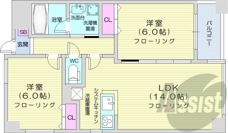 ２LDK、オートロック、宅配BOX、対面式キッチン