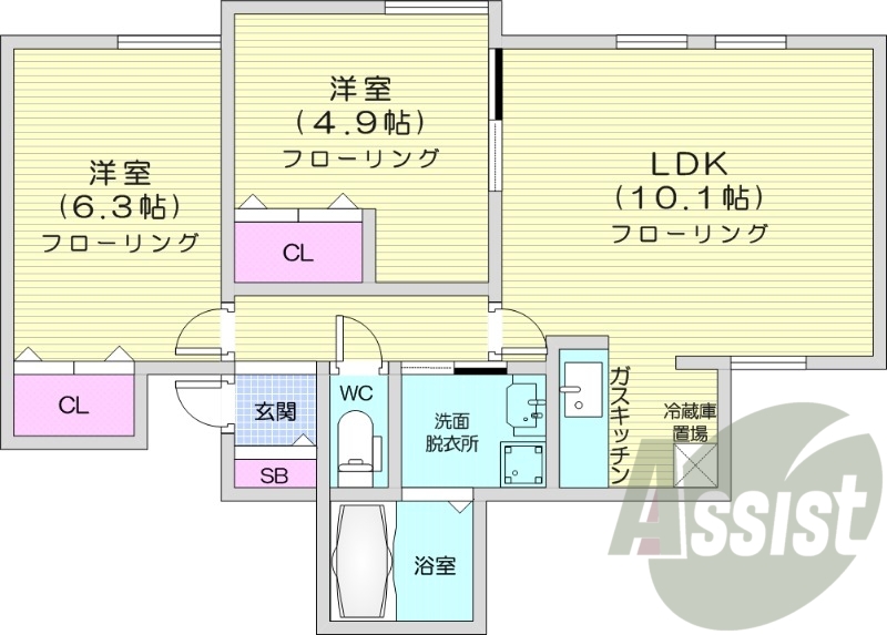2LDK、バストイレ別、独立洗面台、灯油暖房