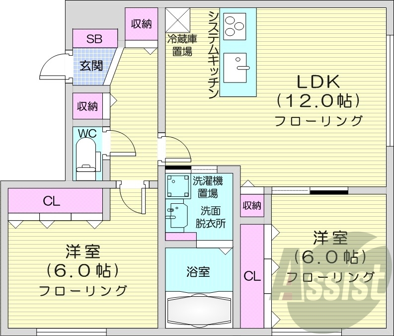 2LDK、角部屋、エアコン、浴室乾燥機、電気暖房