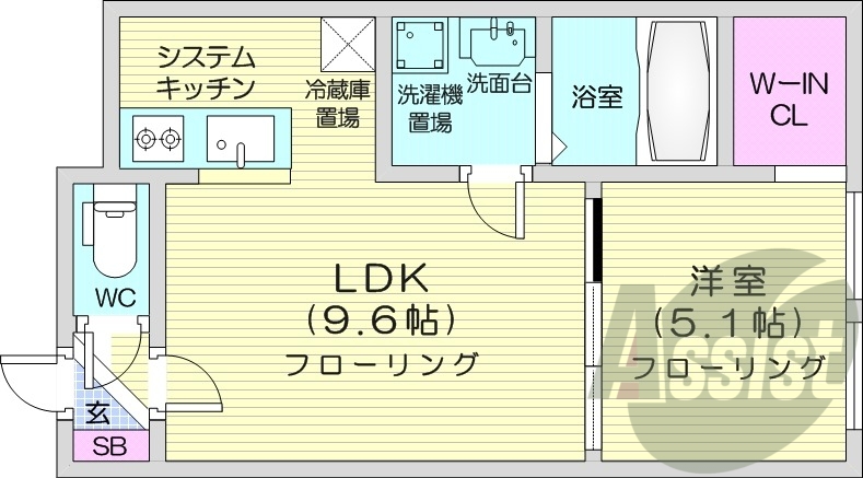1LDK、浴室乾燥機、システムキッチン、シャワートイレ