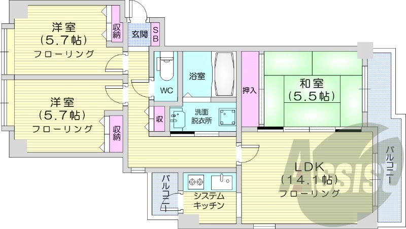 3LDK、独立洗面台、シャワートイレ、暖房設備、エアコン