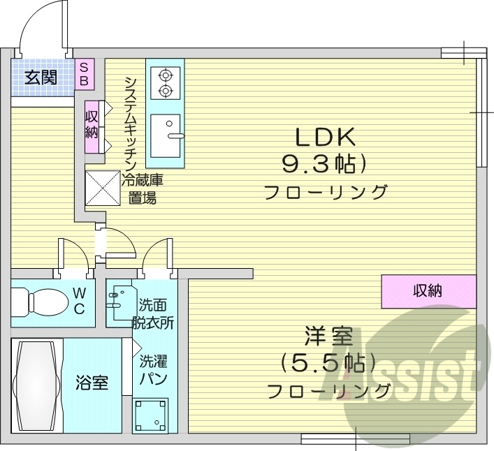 １LDK、洗面化粧台、システムキッチン、暖房灯油