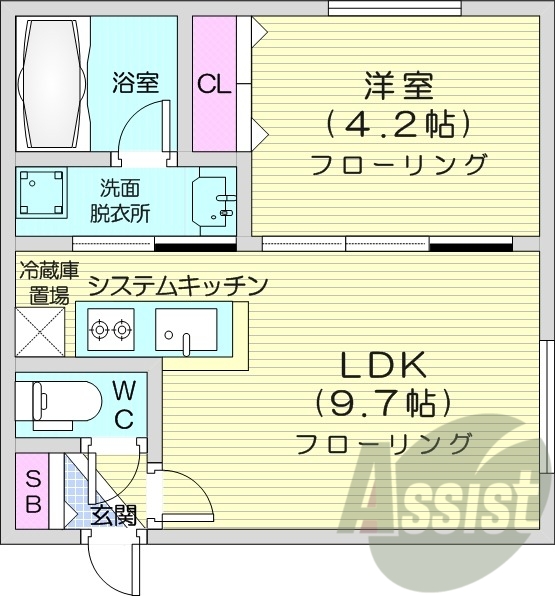 1LDK、都市ガス、エアコン、独立洗面台