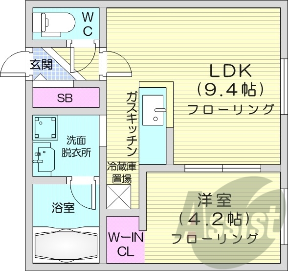 1LDK、都市ガス、エアコン、独立洗面台