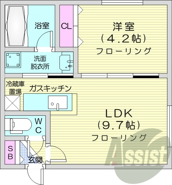 1LDK、都市ガス、エアコン、独立洗面台