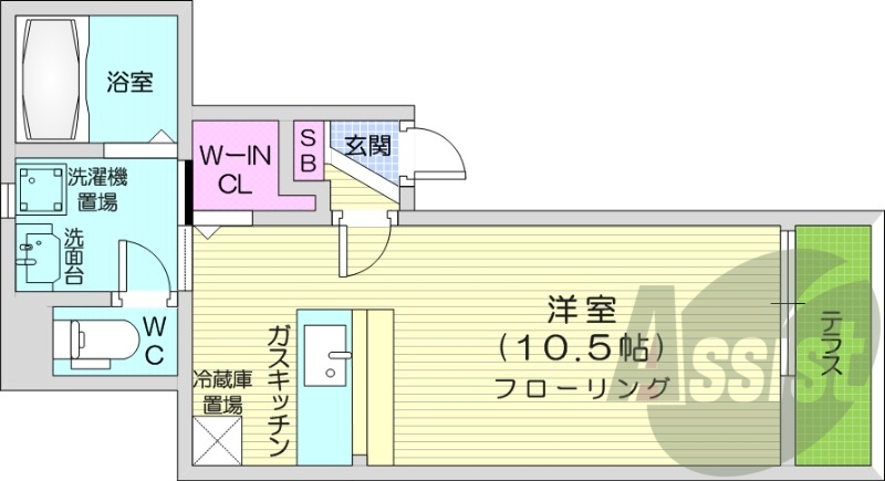 1K、都市ガス、対面キッチン、ガス暖房、