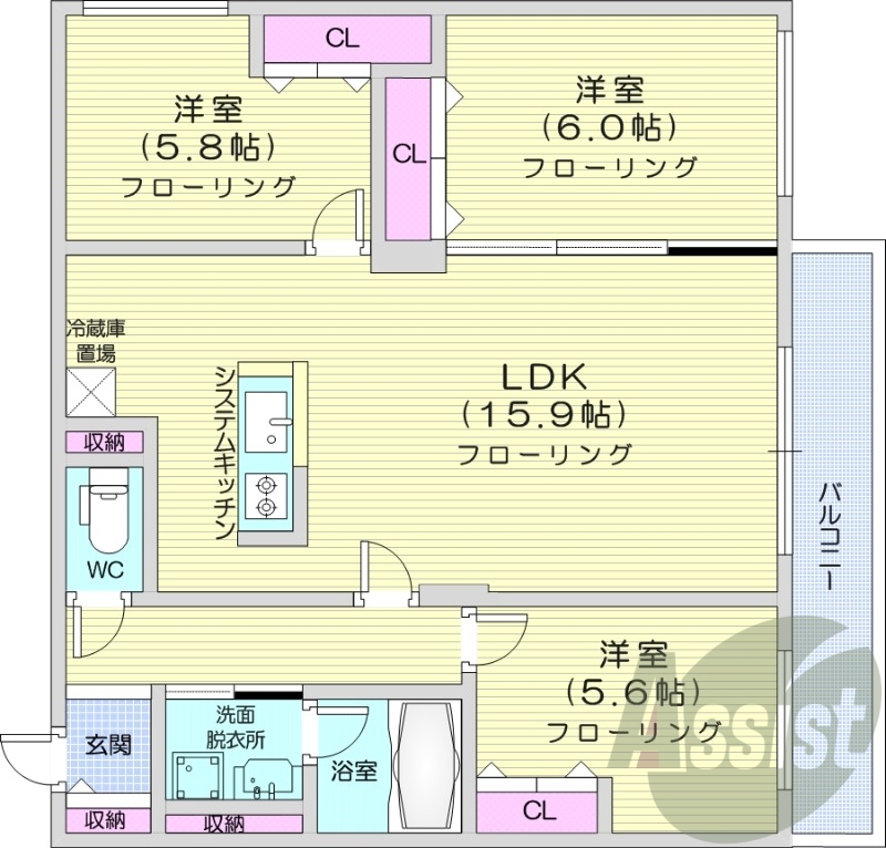 3LDK、エアコン、都市ガス、ペット飼育可