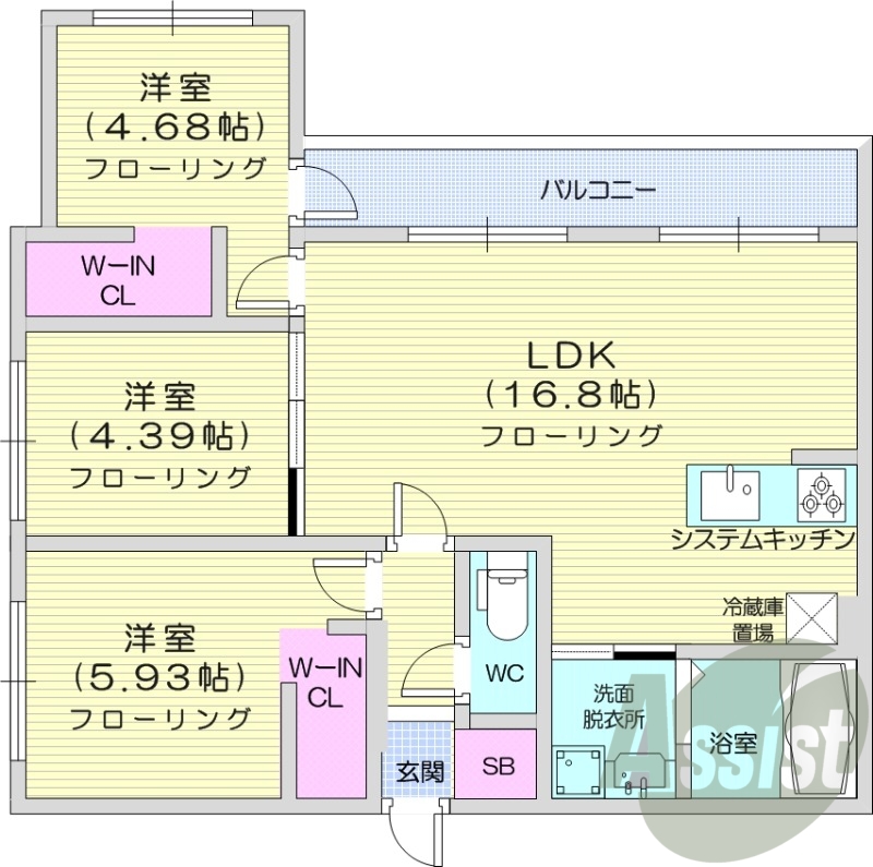 3LDK、エアコン、都市ガス、バルコニー、システムキッチン