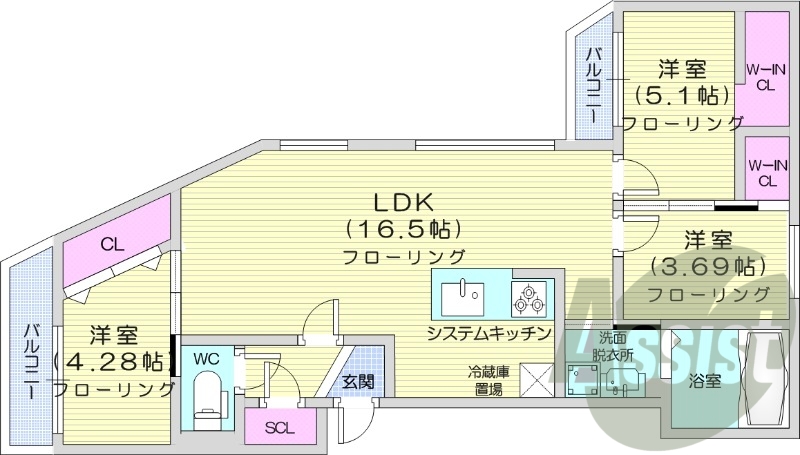 3LDK、エアコン、都市ガス、バルコニー、システムキッチン