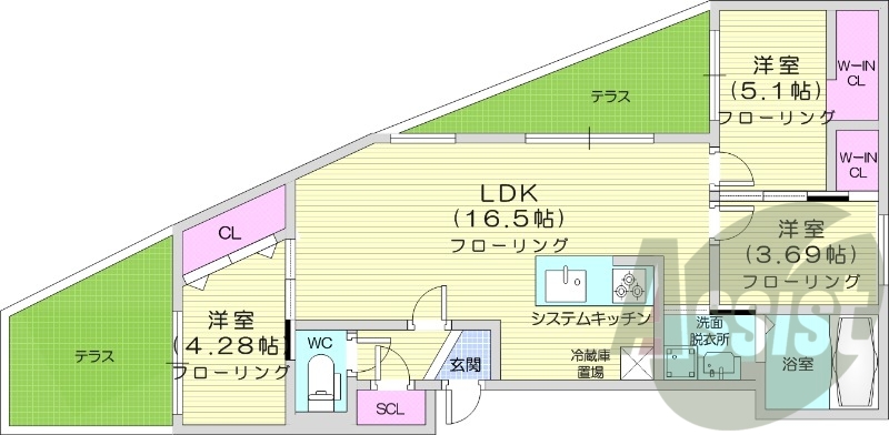 3LDK、エアコン、都市ガス、バルコニー、システムキッチン
