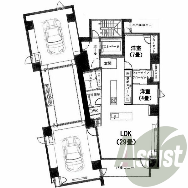 2LDK、駐車台場込み、都市ガス、アイランドキッチン