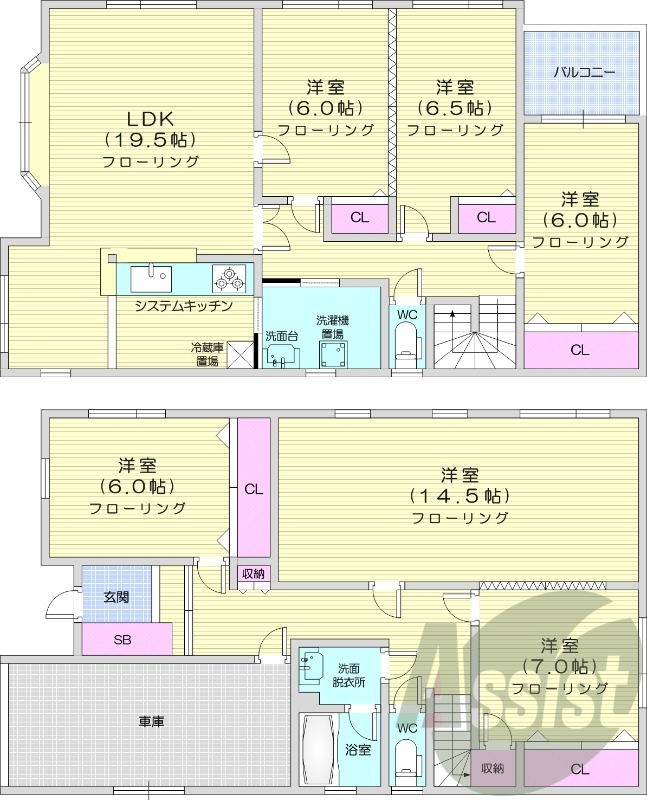 6LDK、車庫、エアコン、独立洗面台、灯油ボイラー