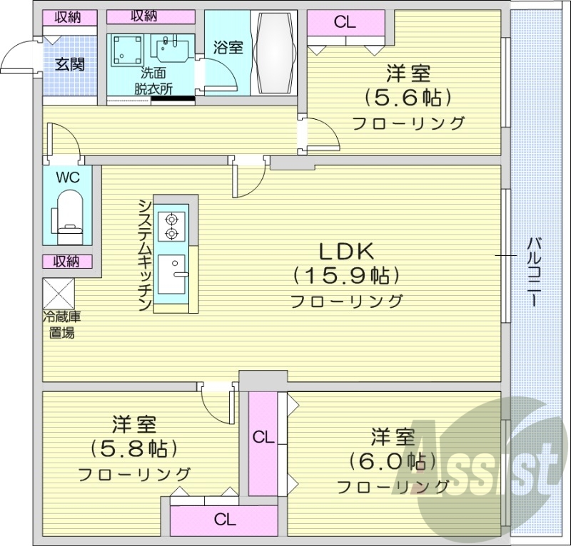 3LDK、エアコン、都市ガス、ペット飼育可