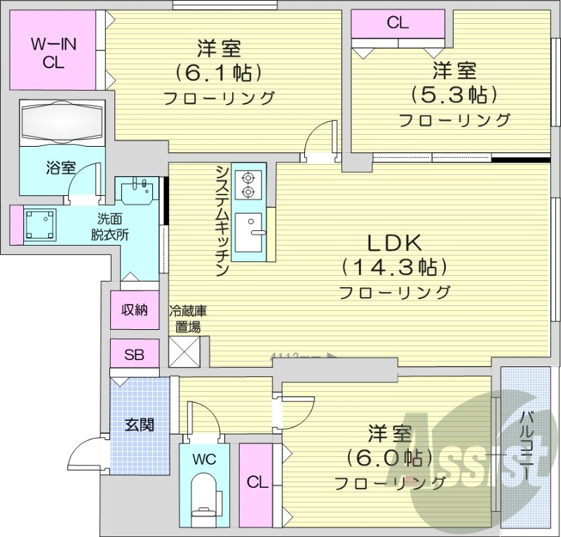 3LDK、エアコン、都市ガス、ペット飼育可