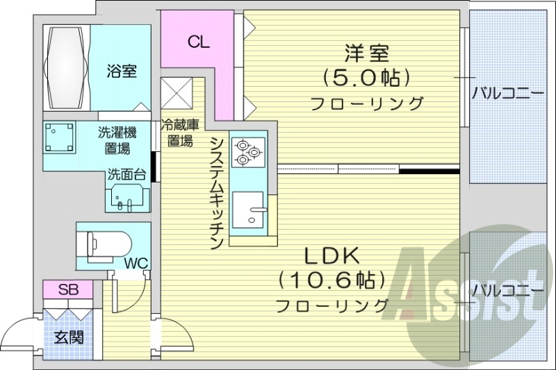 1LDK、都市ガス、エアコン、システムキッチン、