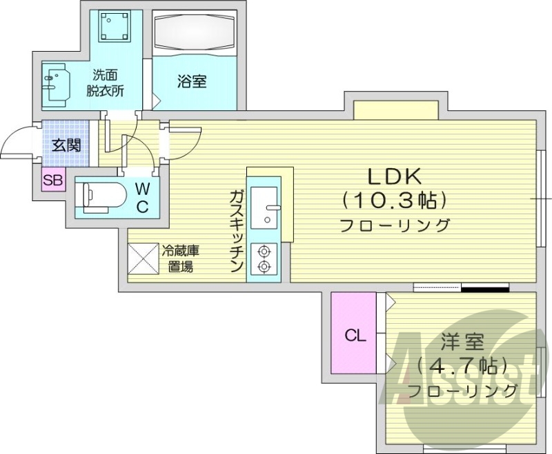 1LDK、TVモニターホン、独立洗面台
