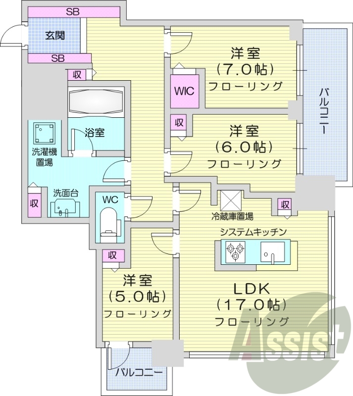 3LDK、システムキッチン、シャワートイレ、追い焚き