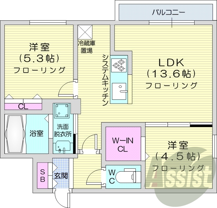 2LDK、エアコン、ネット無料、システムキッチン