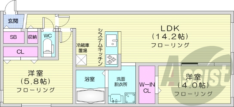 2LDK、都市ガス、エアコン、システムキッチン、ネット無料