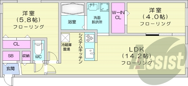 2LDK、都市ガス、エアコン、システムキッチン、ネット無料
