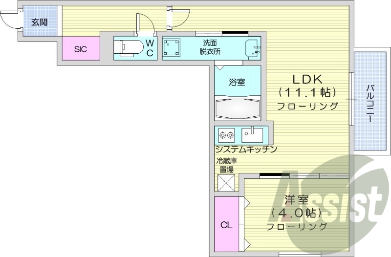 1LDK、エアコン、都市ガス、システムキッチン