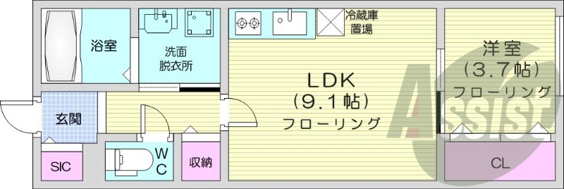 1LDK、エアコン、都市ガス、システムキッチン