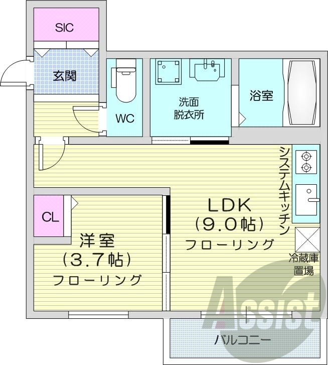 1LDK、エアコン、都市ガス、システムキッチン