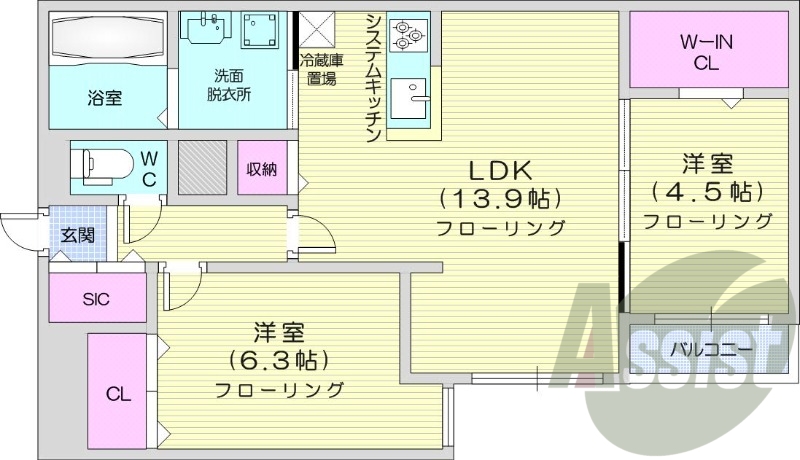 2LDK、エアコン、都市ガス、システムキッチン