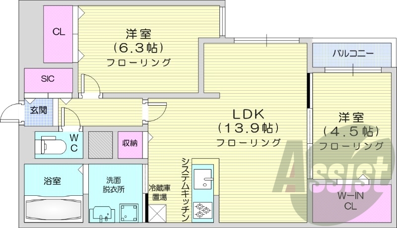 2LDK、エアコン、都市ガス、システムキッチン