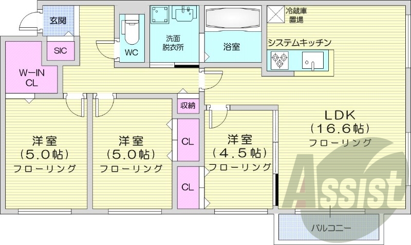 3LDK、エアコン、都市ガス、システムキッチン