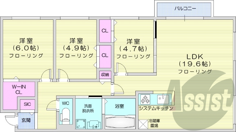 3LDK、エアコン、都市ガス、システムキッチン